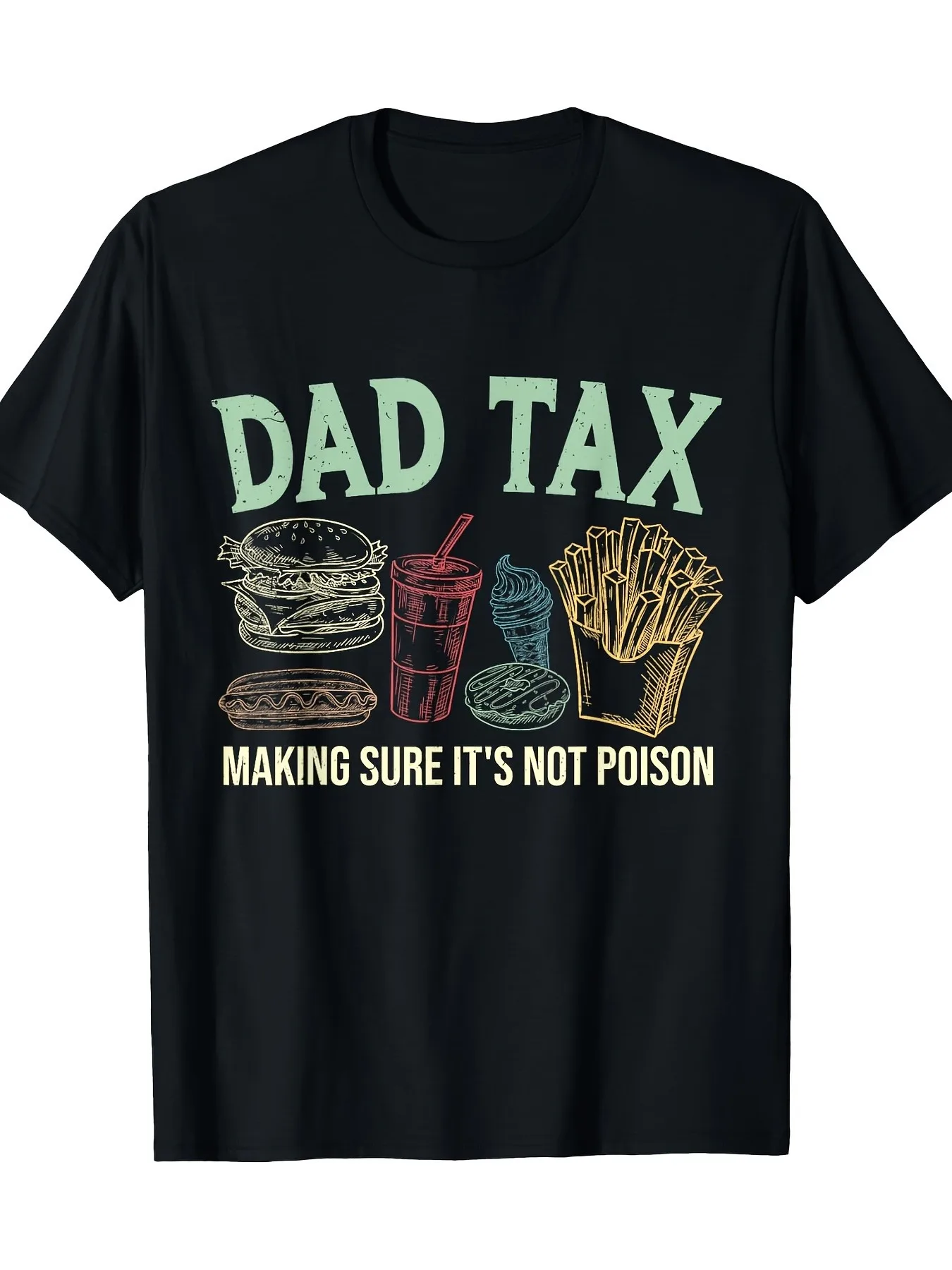 Dad Tax Humor Men's T-Shirt - 100% Cotton, Short Sleeve Crew Neck | Funny Father's Day Graphic with Food & Drink Illustrations