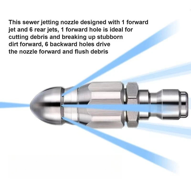 

Stainless Steel High-pressure Nozzle 1/4 Front One Back Six Rat Nozzle Drain Cleaning Pipe Unclogging Nozzle