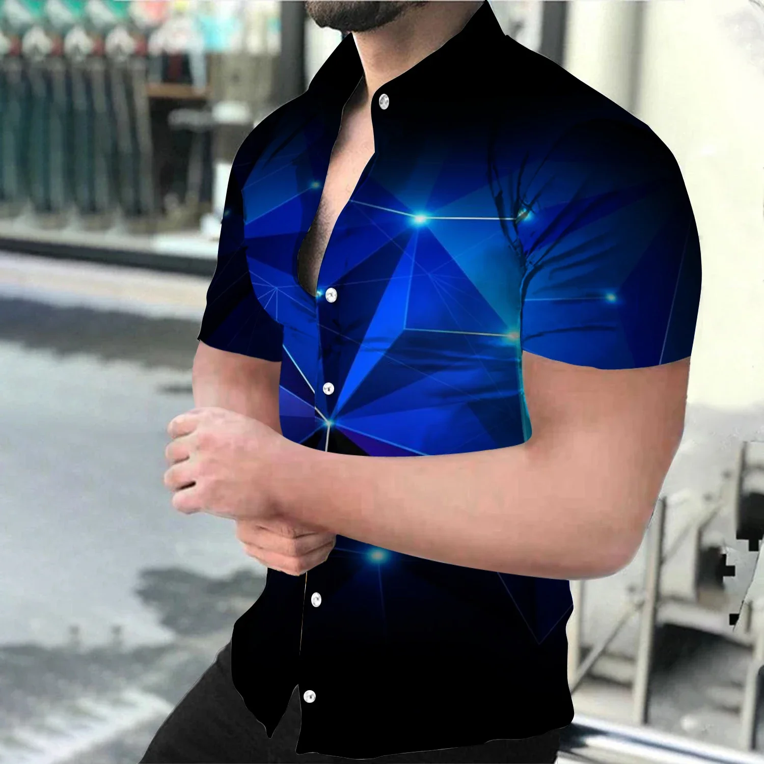 Summer Fashion Men's Short Sleeve Starry Sky Print Shirt Casual Buttoned Tops S-4XL