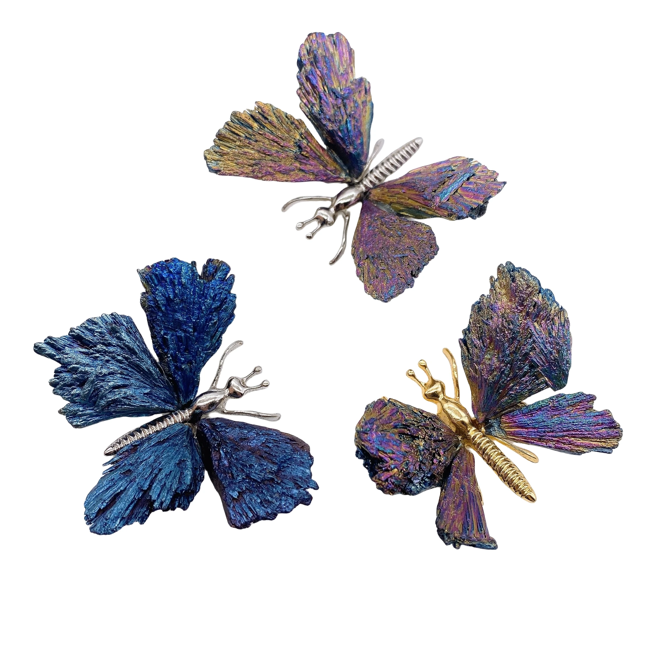 Natural Black Tourmaline Electroplating Butterfly Spar Crafts Color Plating Crystal Butterfly Animal Statue Ornaments Home Decor
