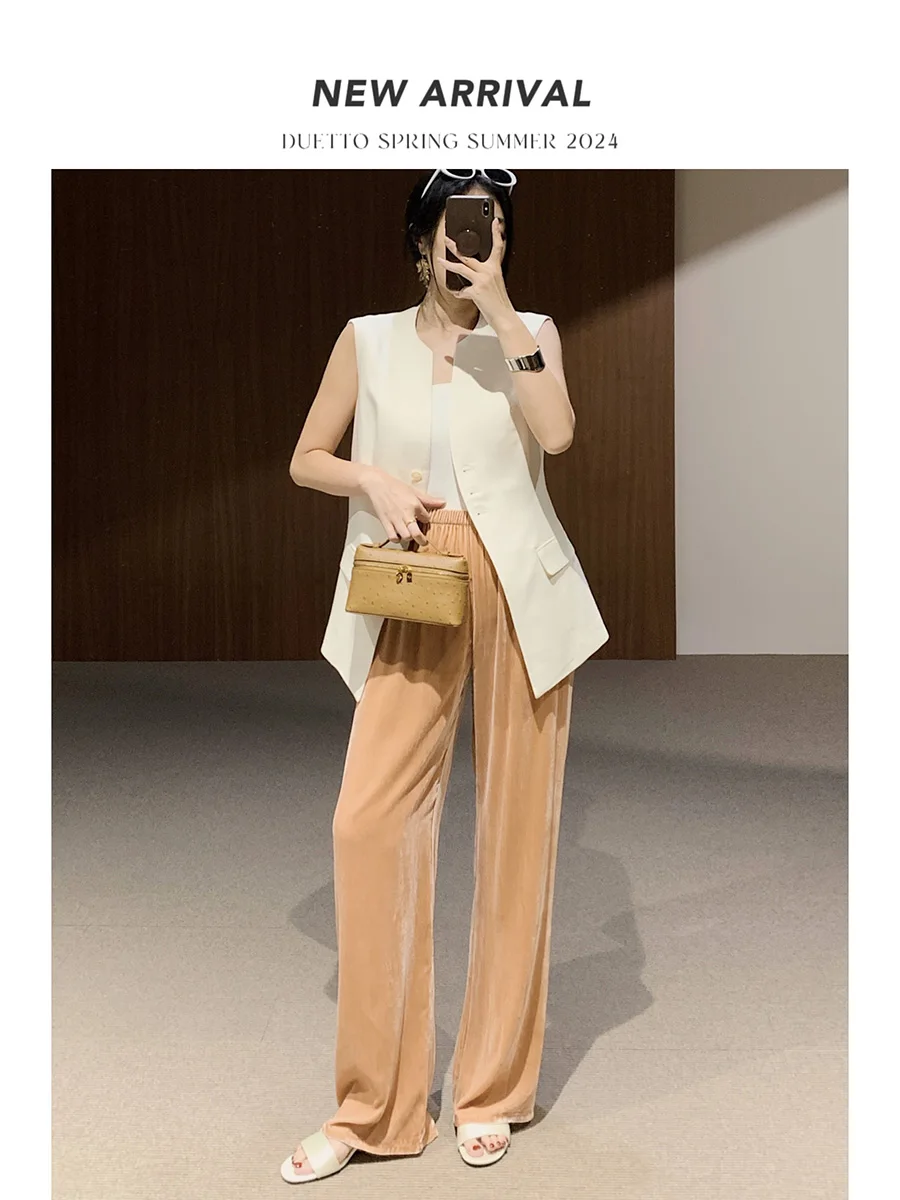 

Шелковые бархатные брюки Duetto с широкими штанинами, охлаждающие, повседневные, для работы, с эластичным поясом, длинные