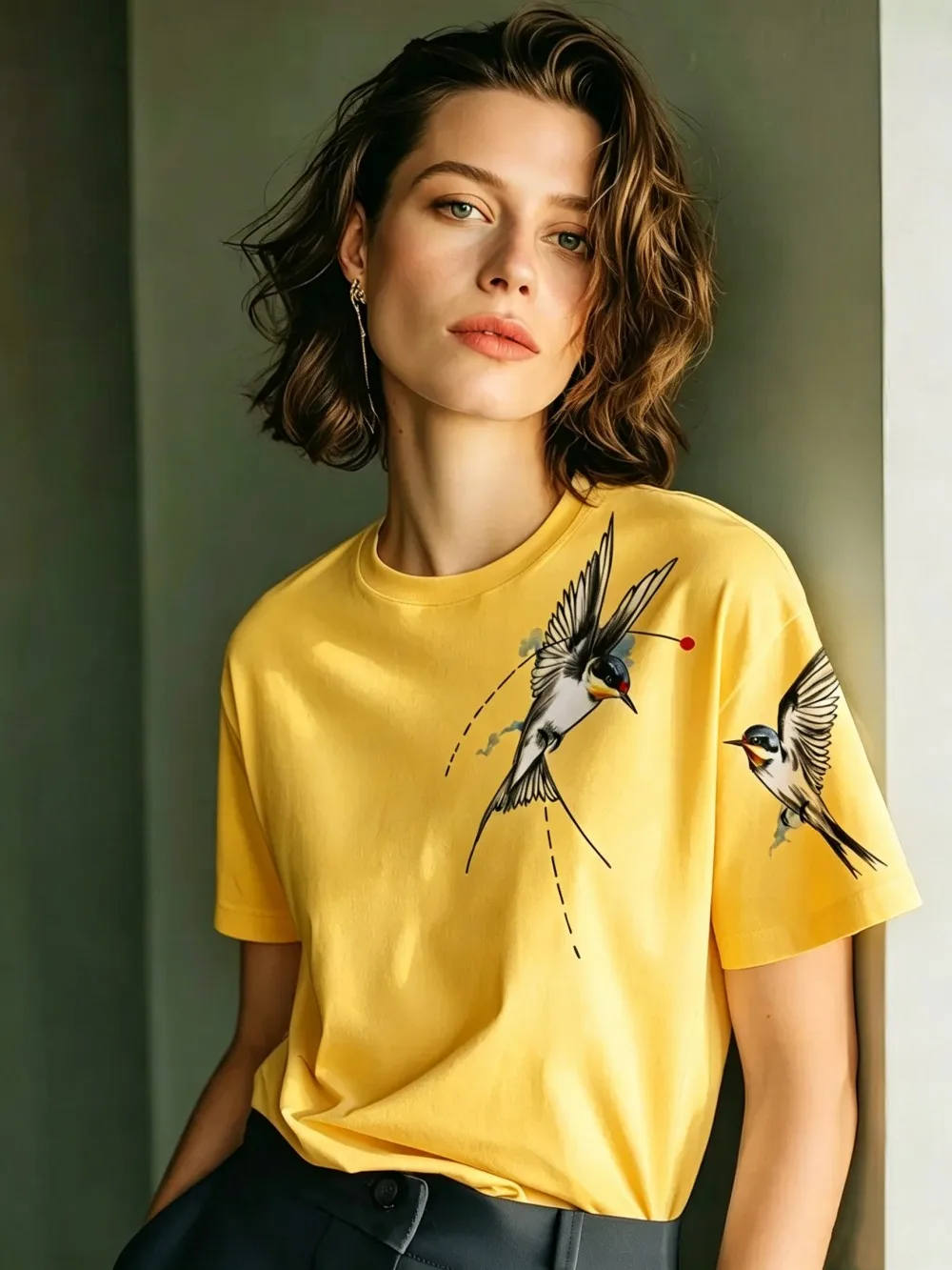 Flying Swallows Prints Baumwoll-T-Shirts für Damen, Sommer-Kurzarm-T-Shirts, O-Ausschnitt, weiche, übergroße Oberteile, einfache, bequeme Kleidung – Detail 18