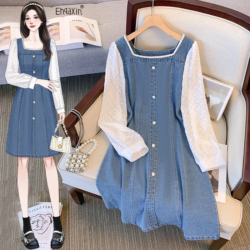 

EHQAXIN Early Autumn Women's Dress Fashion 2023 New Elegant Lace Panel Denim Button Long Sleeve A-Line Dresses Ladies M-4XL