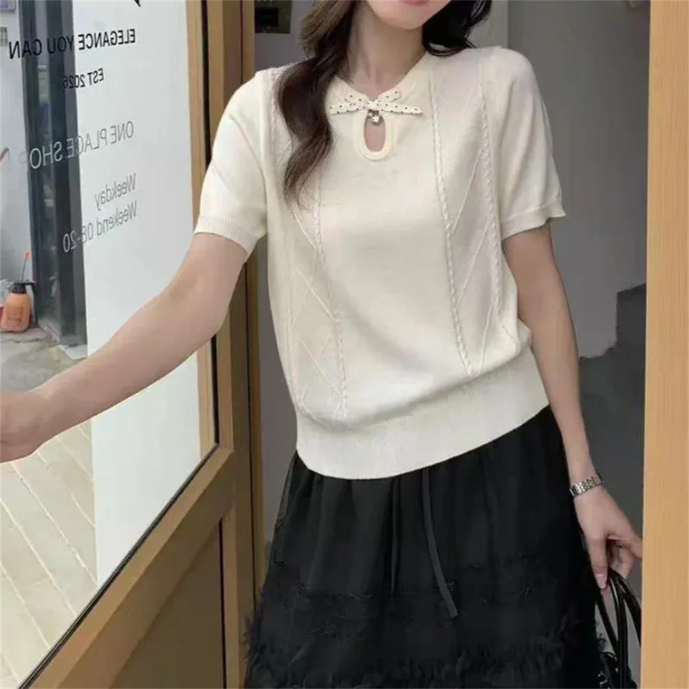 Bow T-shirt Summer Hollow Out Casual Women's Clothing Contrast Color Knit Short Sleeve Thin Tee Lady Sweet Versatile O-neck Tops