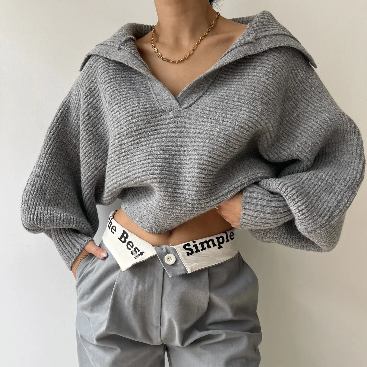 Women Knit Sweaters Turn Down Collar Full Sleeve Splice Pullovers Jumpers Straight Thick Sweater Knitted Ladies Autumn 2023