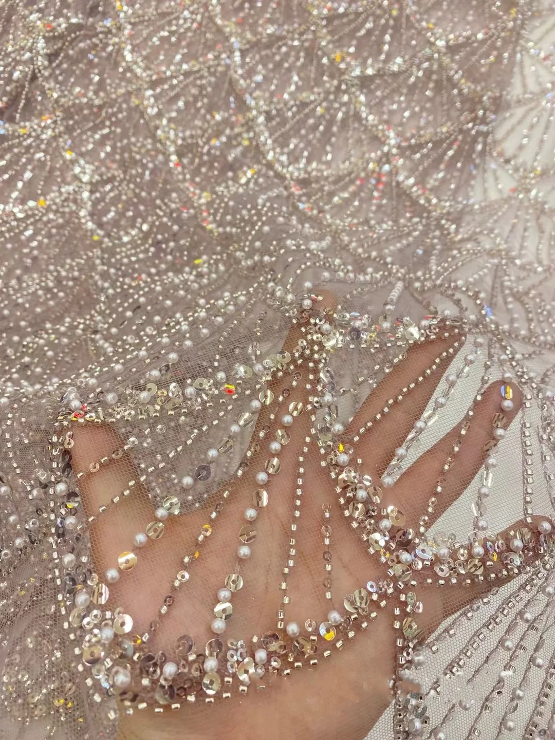 Custom Made Evening Party Gown Mesh Dress Sequin Tube Fabric Beaded Sector Embroidered Diamond Material Accessories