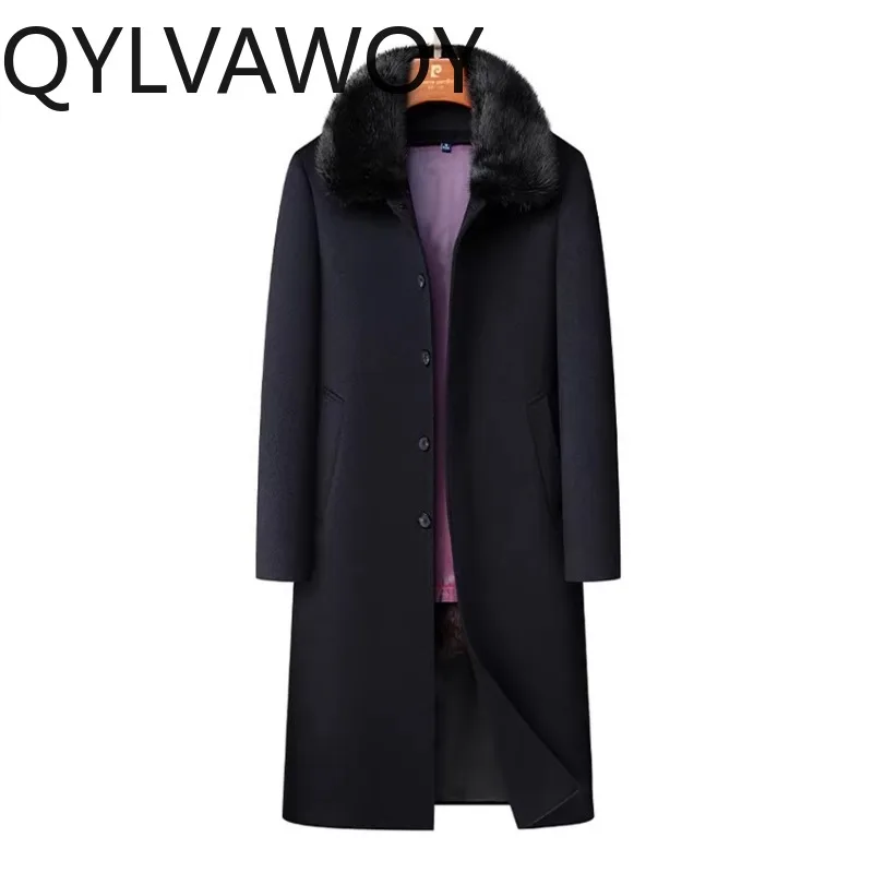 

QYLVAWOY 100% Натуральное Шерстяное Зимнее Пальто для Мужчин с Отстегивающейся Подкладкой из Кроличьего Меха, Длинное Шерстяное Пальто с Отложным Воротником и Теплым Воротником из Норкового Меха