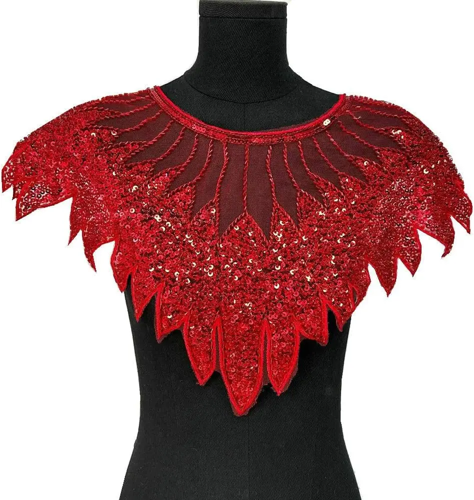 Beaded Sequin Mesh Embroidery False Collar Patch, Handmade DIY Clothing Applique for Wedding Party Evening Dresses