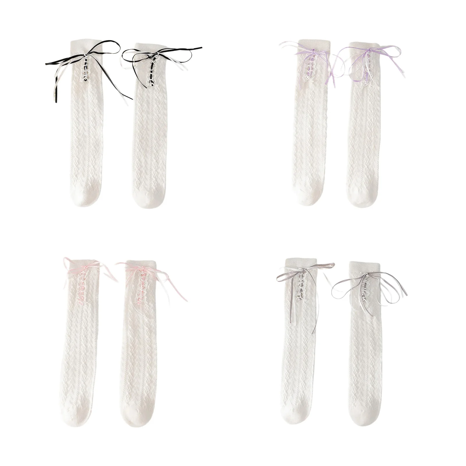 

Lace bow mid-calf socks four-color combination pack (1 pair each of black/purple/pink/grey)