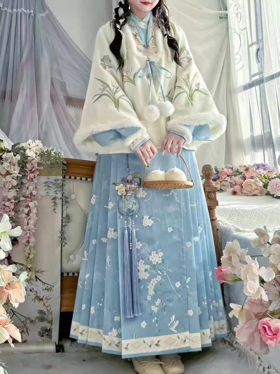 暖かい漢服女性用明王朝スタイルの服セット、フリース裏地の襟付き、新年のお祝い用のチャイナドレススカート付き
