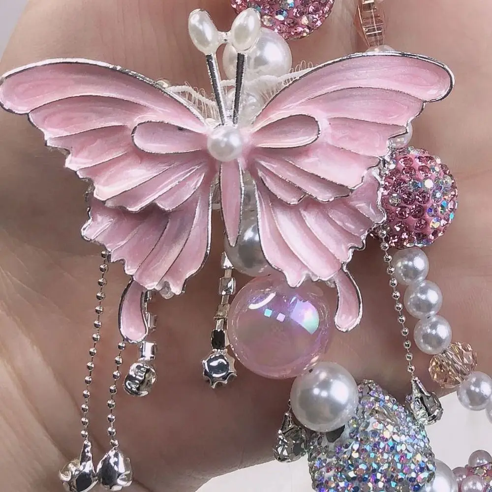 

Glitter Rhinestone Phone Chain Pearl Double Layer Butterfly Key Chain Handheld Car Key Decor Beads Bag Pendant Backpack Pendant