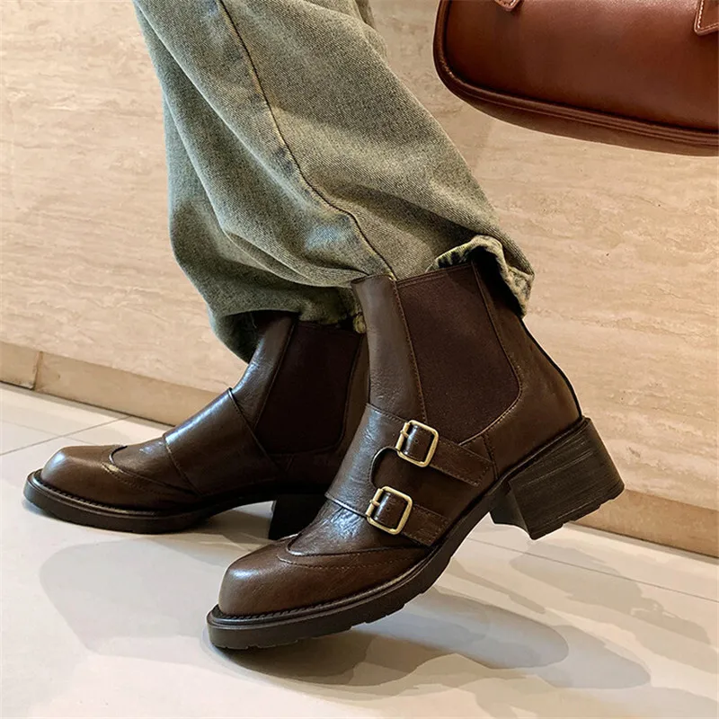 New Autumn Winter Split Leather Women Boots Chelsea Boots for Women Belt Buckle Round Toe Chunky Heel Ladies Shoes Zapatos Mujer