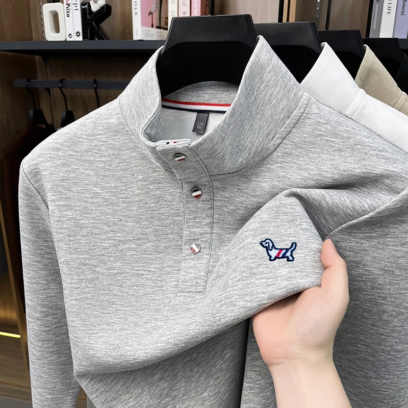 Designer Original Herren Langarm-T-Shirt mit Stehkragen, Knopfleiste und Hunde-Stickerei, hautfreundlich, farbecht, Herbst-Freizeitmode, Herrenbekleidung – Detail 4