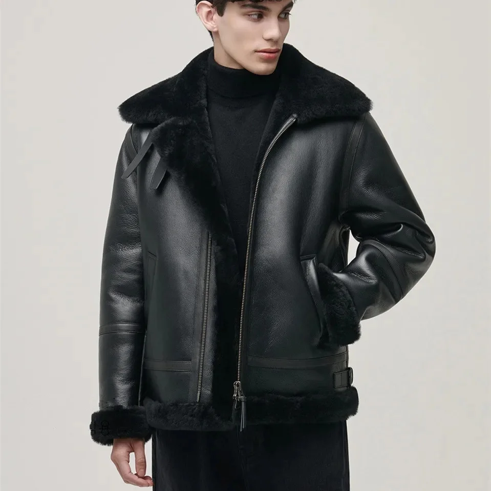 Original Ecological Sheep Fur Shearling Coat Men's Winter Genuine Leather Jacket Men Warm Black Motorcycle Sheepskin Overcoat