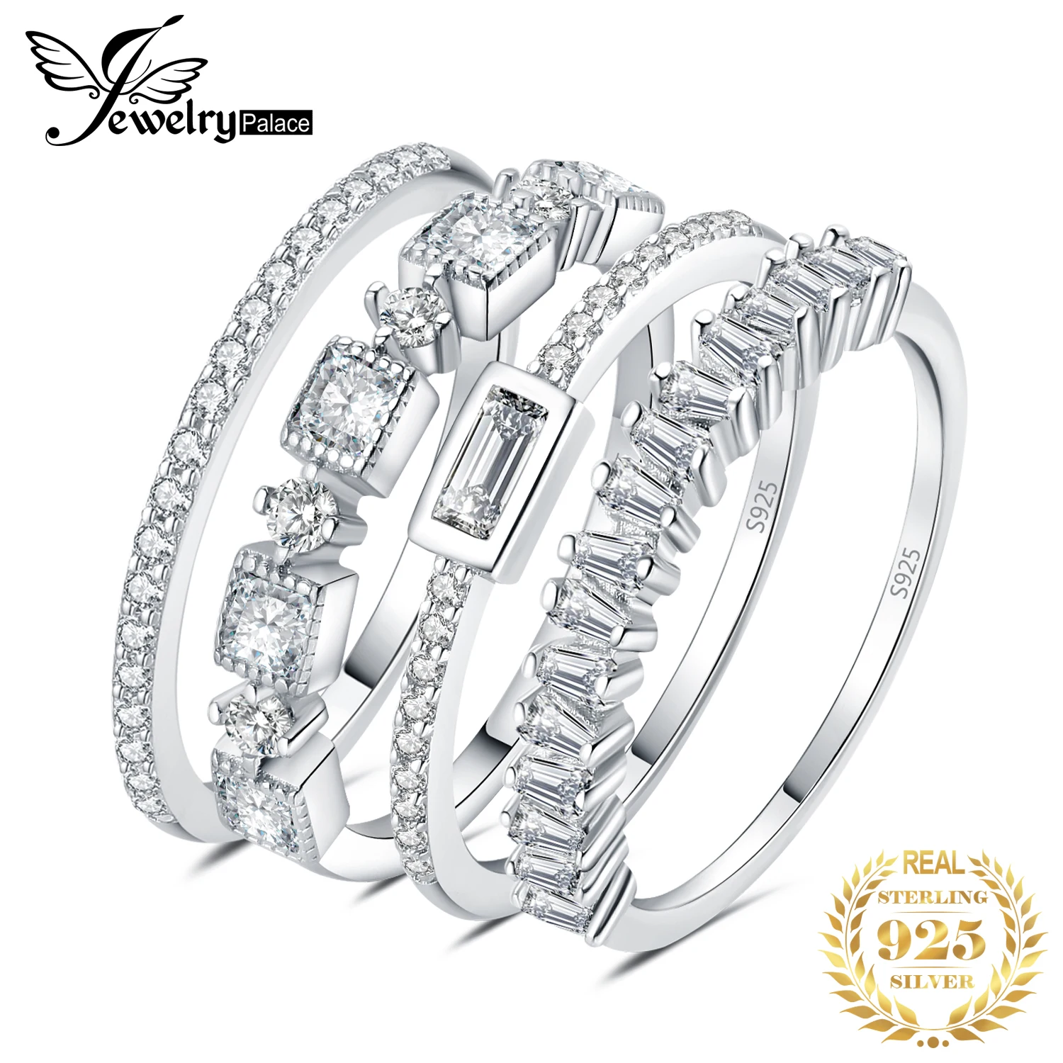 JewelryPalace 4 Pcs 925 Sterling Silver Wedding Band Solitaire Eternity Stacking Rings for Women 1ct AAAAA CZ Fashion Jewelry