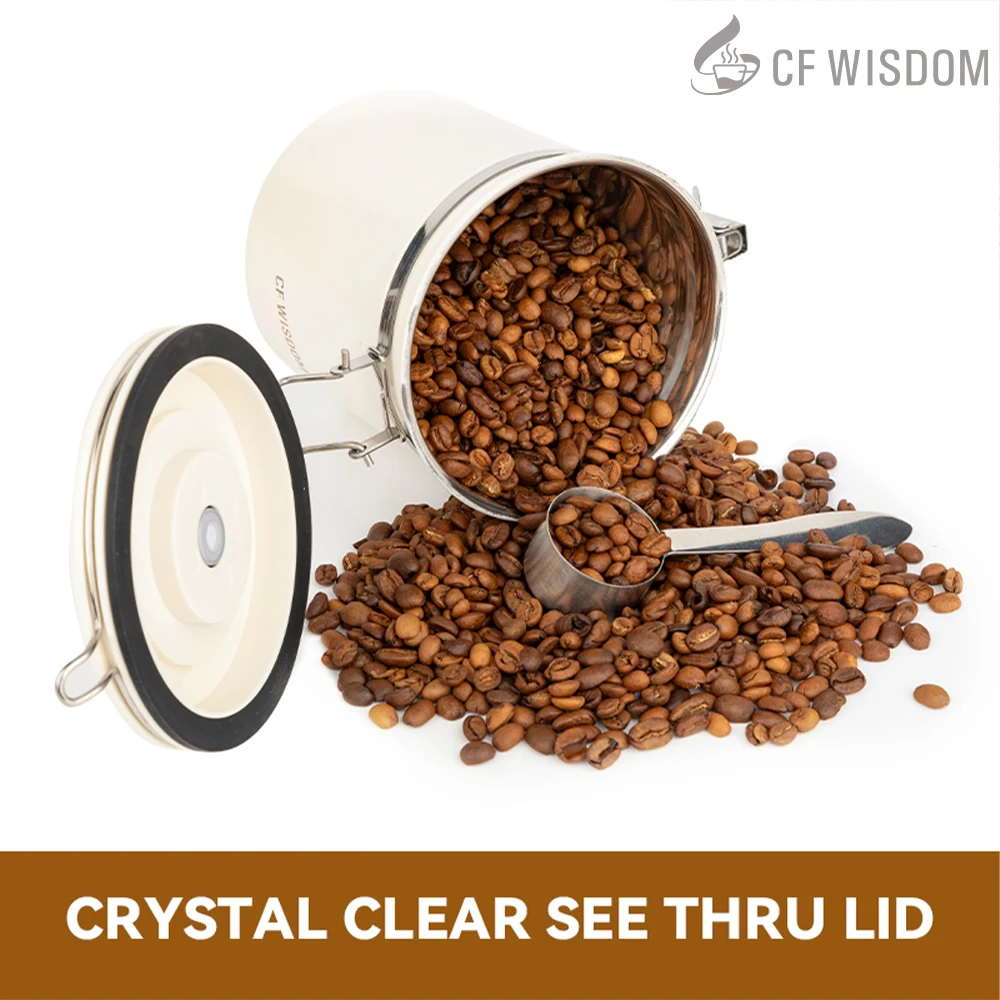 Toples Tertutup Kopi CF WISDOM, Toples Tertutup Baja Tahan Karat, Wadah Penyimpanan Makanan dengan Sendok, Wadah Biji Kopi, 1,5L