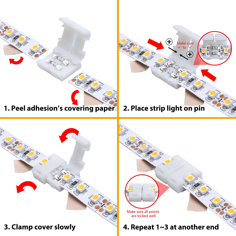 WS2812B WS2811 5050 MONO LED Strip Connectors With Single Double End Solderless Cover Connector 8mm 2pin LED Clip-On Coupler