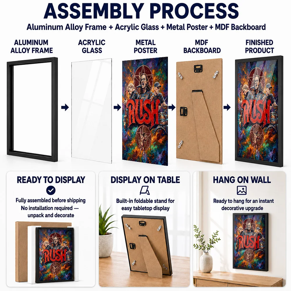Rush Band Metal Poster With Aluminum Alloy Frame Personalized Photo Dark Studio Style Wall Art For Lounge Vinyl Collector Gift