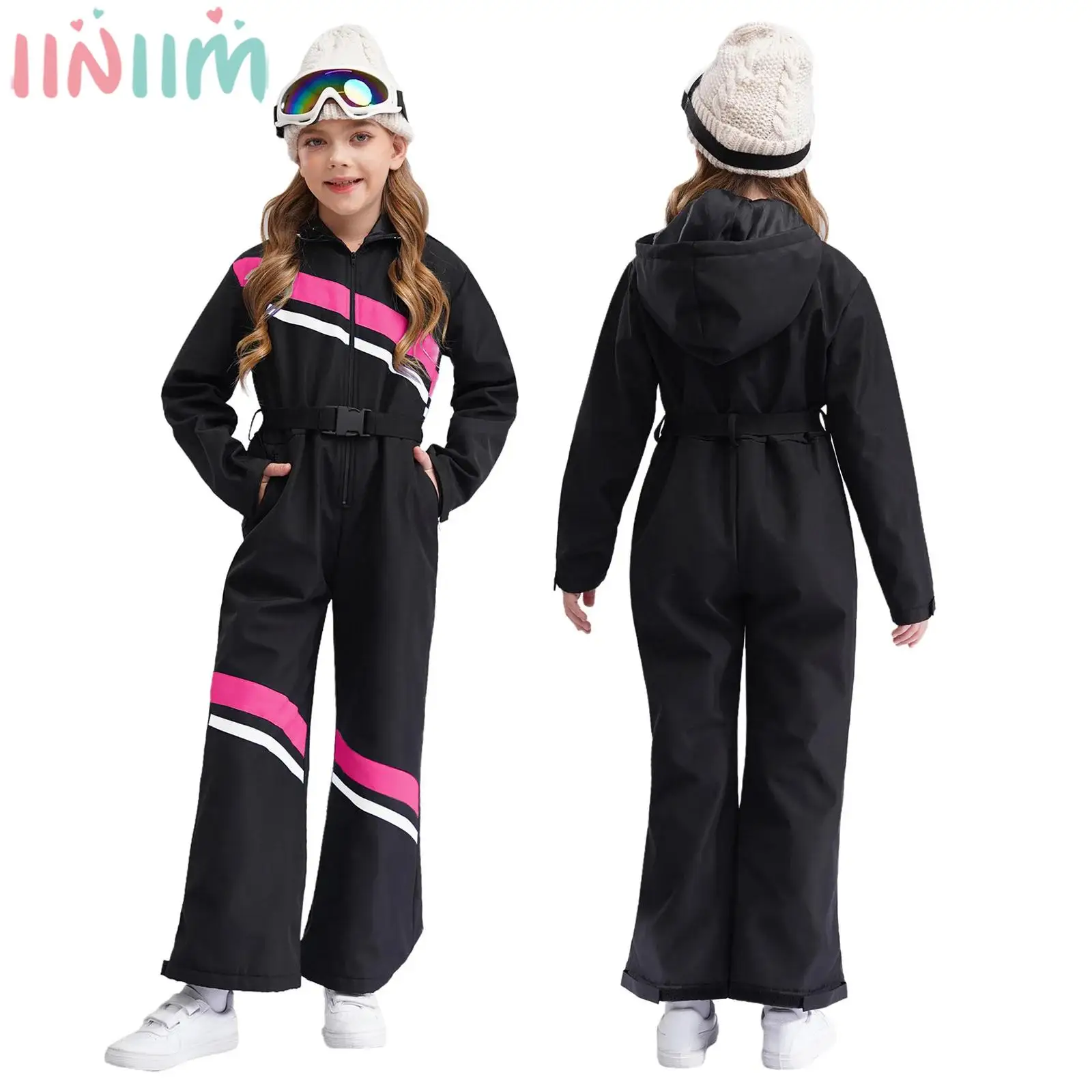 Kids Girls Skiing Snowboarding Costume Long Sleeve Zipper Windproof Hooded Jumpsuit with Belt Snow Sports Ice Skating Sportswear