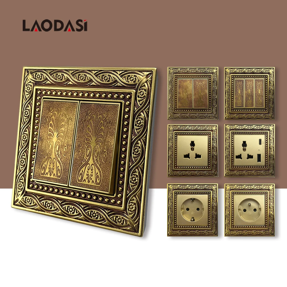 

Laodasi Vintage European Pattern Light Switch,EU France UK Copper Double Power Outlet,Universal 3Pin Socket With USB Type-c Port