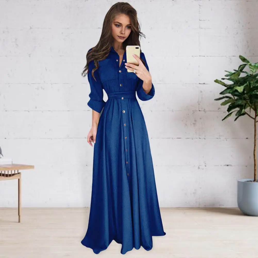 Vestido acrílico elegante con solapa de línea a para mujer, vestido largo con detalle de cordones, pliegues de cintura delgada, Color sólido, tipo camisa con botones