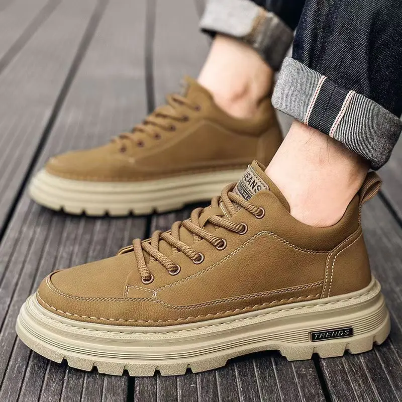 

Мужская весенне-осенняя рабочая обувь из натуральной кожи на шнуровке, нескользящая водонепроницаемая уличная походная обувь на толстой подошве в британском стиле в стиле ретро