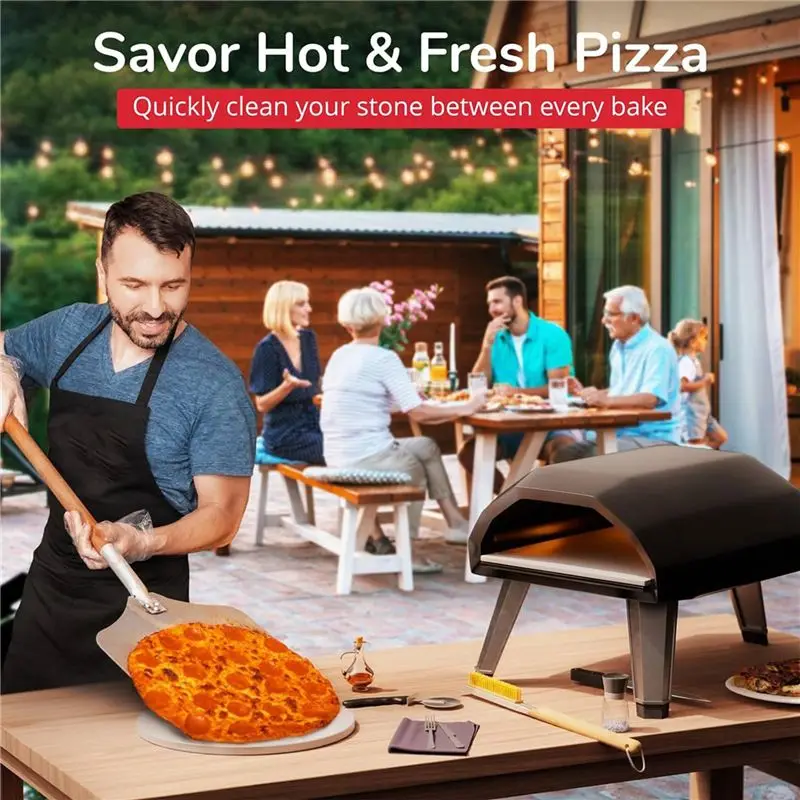 Y42A-2X Pizza Oven & Stone Brush With Scraper 21In - Clean Stone Between Every Bake - Long, Wooden Handle - Robust