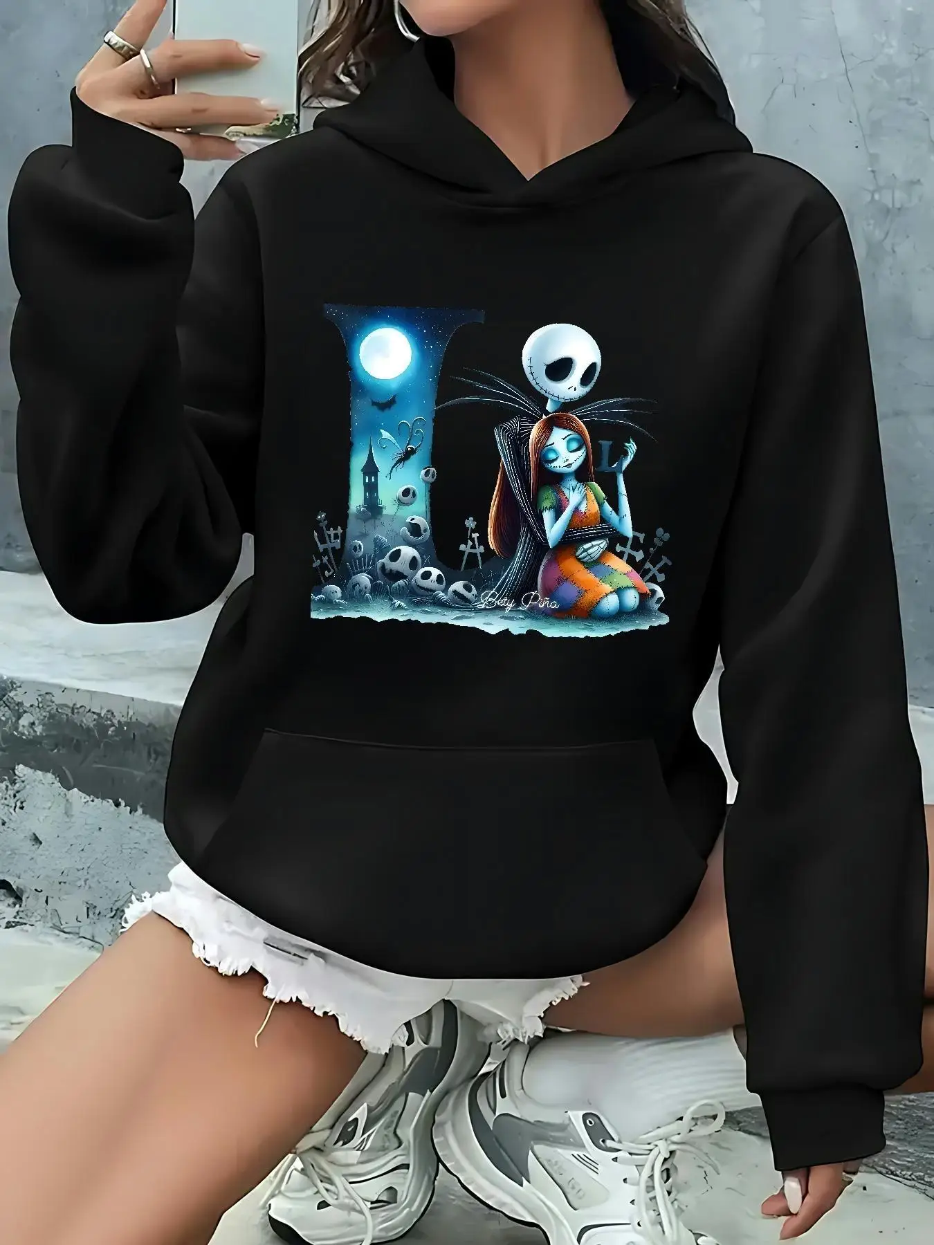 Nightmare Before Christmas Women's Hooded Sweatshirt - Tim -Inspired Jack Skellington & Sally Graphic, Cozy Fall & Winter