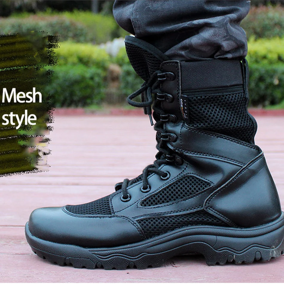 Ultralight Desert Combat Boots Summer Mesh Breathable Tactical Boots Military Shoes Winter Fleece Black High-upper Hiking Shoes