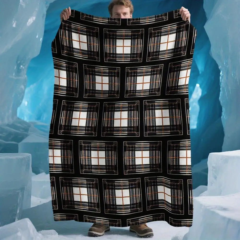 

1 piece of vintage geometric plaid abstract flannel 280g blanket - soft, warm and breathable, universal in all seasons, black