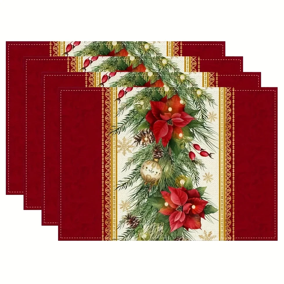 4/6/8pc Black White Plaid Santa Claus Stars Linen Placemats Modern Holiday Kitchen Dining Table Decor Suitable For Contemporary