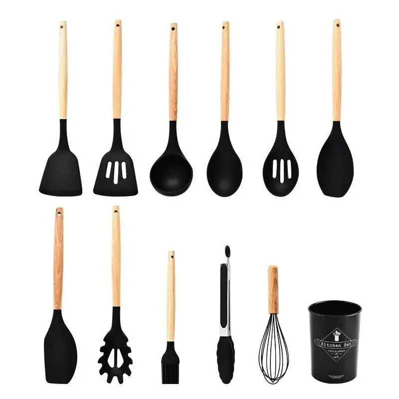 Silicone Kitchen Cookware Utensils Wooden Handle High Temperature Resistant Non Stick Pan Cooking Spatula Food Grade
