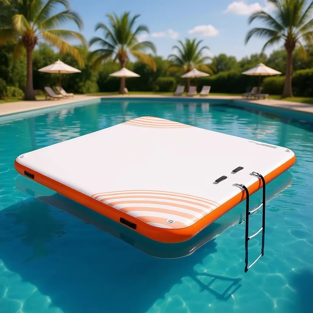 10 x 10 foot inflatable pontoon deck with removable ladder for pool and beach use