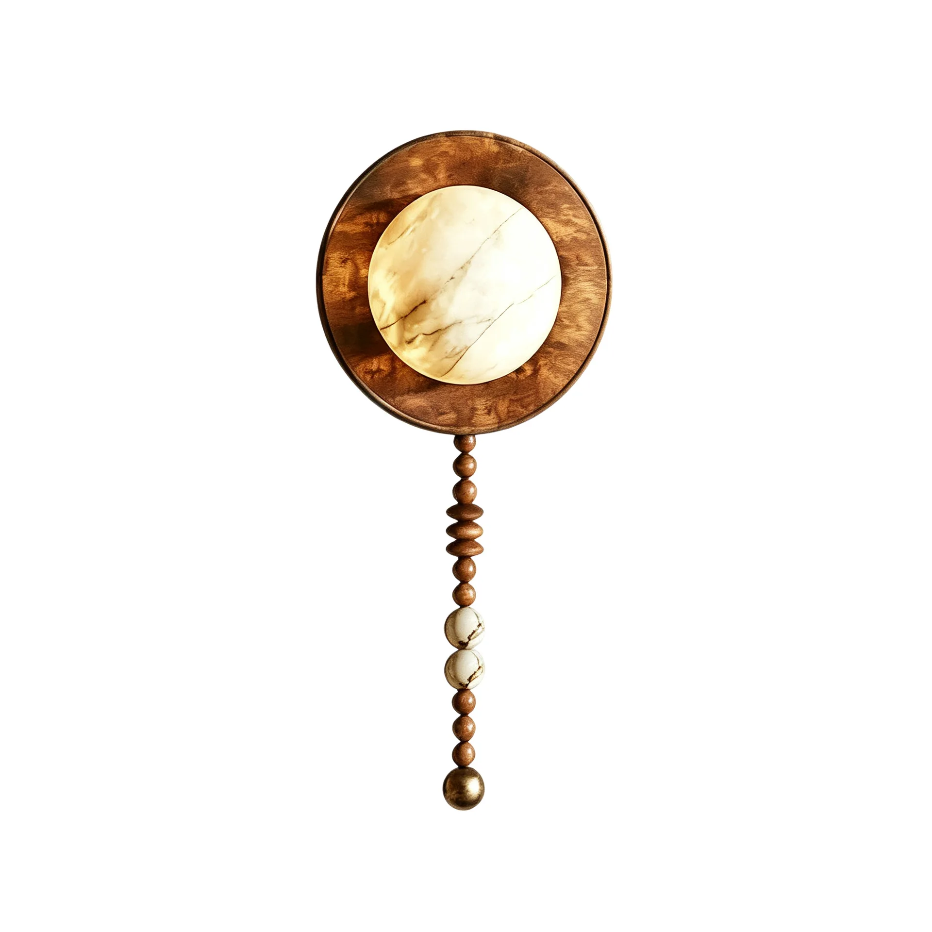 Vintage Wabi Sabi Alabaster Wall Sconce Handmade Wood Bead Tassel Wall Lamp Antique Iron Round Backplate Bedroom Bedside Hallway