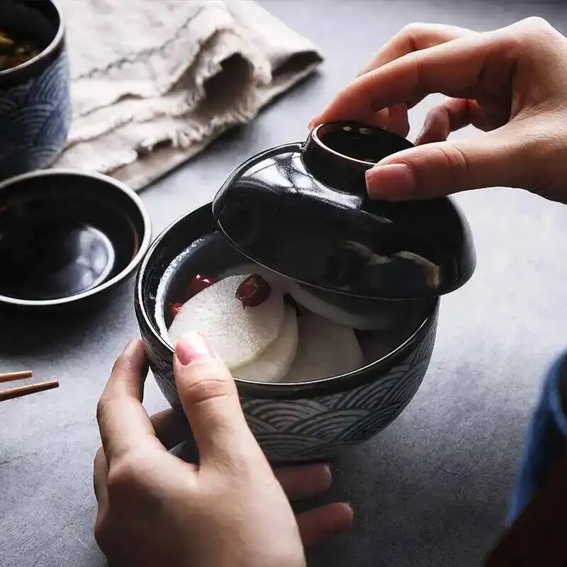 Japanese Tableware Stew Bowl Ceramic Bowl With Lid Dessert Steamed Egg Bowl Soup Bowl Dessert Underglaze Color Ramen Bowl