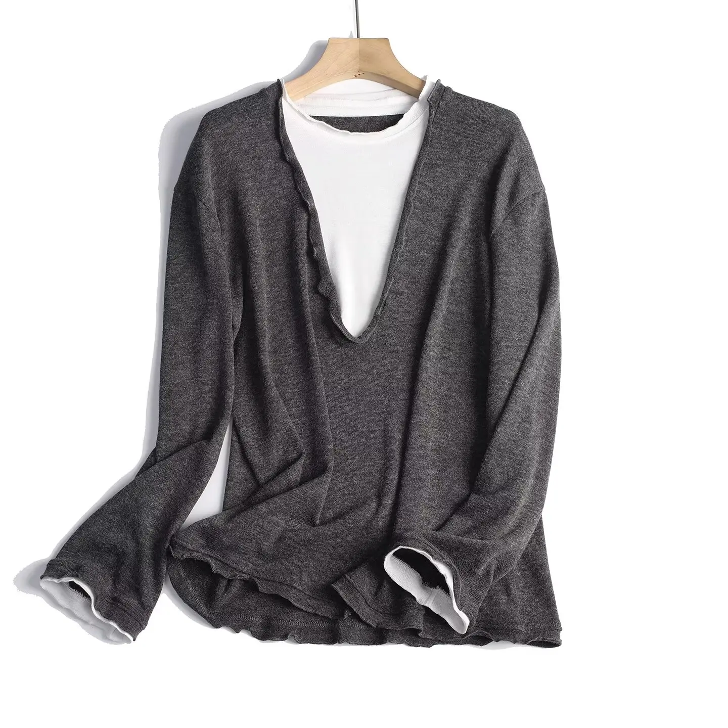 Women Autumn New Arrival Knit Top for Women, Elegant Smart Casual Faux Color‑block Long Sleeve Blouse, Stretchy Draped Soft Slim