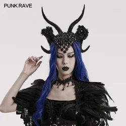 PUNK RAVE Women's Gothic Demon Horn Headwear Cosplay Luxury Glitter Flower Decoration Party Club Halloween Accessories