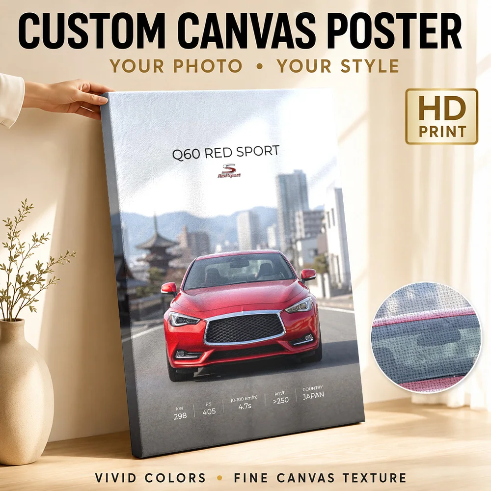 Japanese Q60 Red Sports Car Canvas Poster Personalized Photo Roadside Composition Wall Art For Home Office Motoring Fan Gift