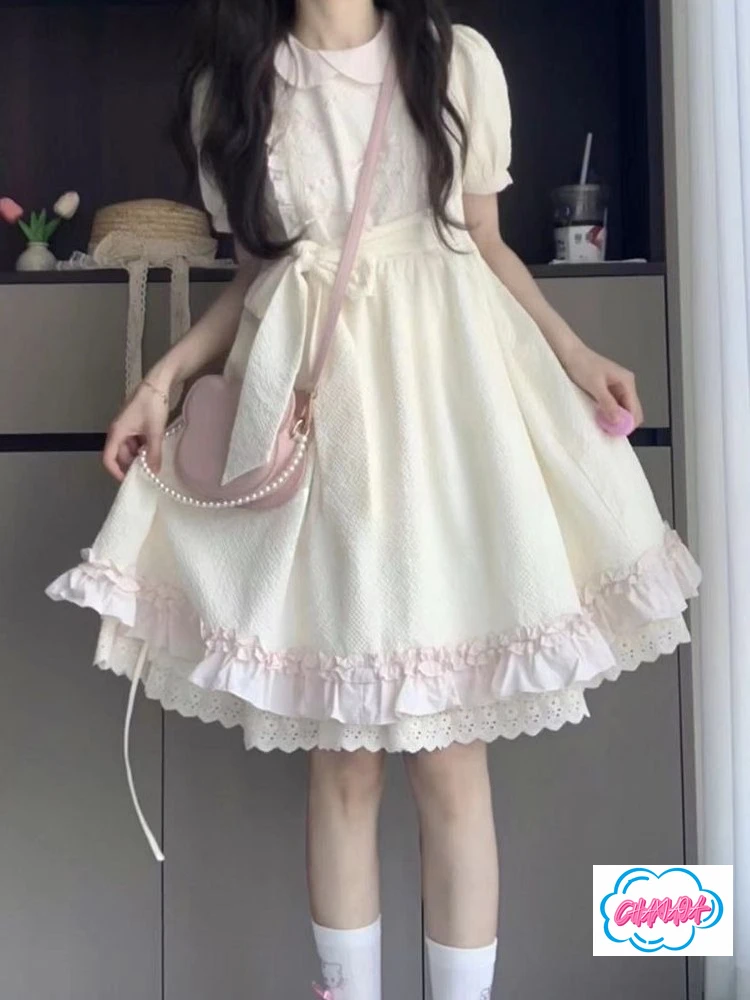 2025 verão doce estilo universitário arco cinta boneca colarinho lolita vestido feminino cintura e fina borda de folha de lótus fofo vestido de princesa