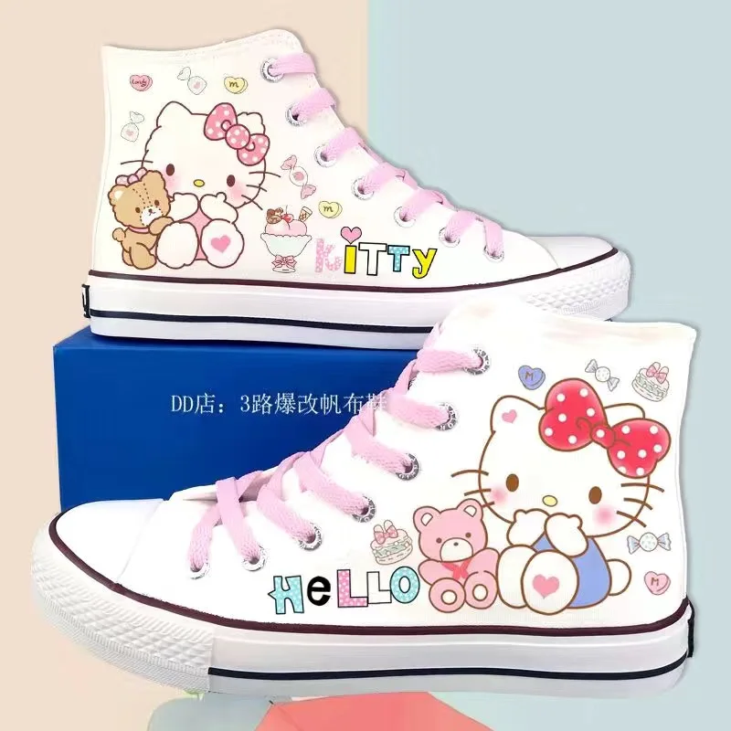 Sanrio Kitty Lolita Shoes High Top Canvas Shoes for Women Hello Kitty Printed Student Casual Flat Sneakers 2024 New Women Shoes