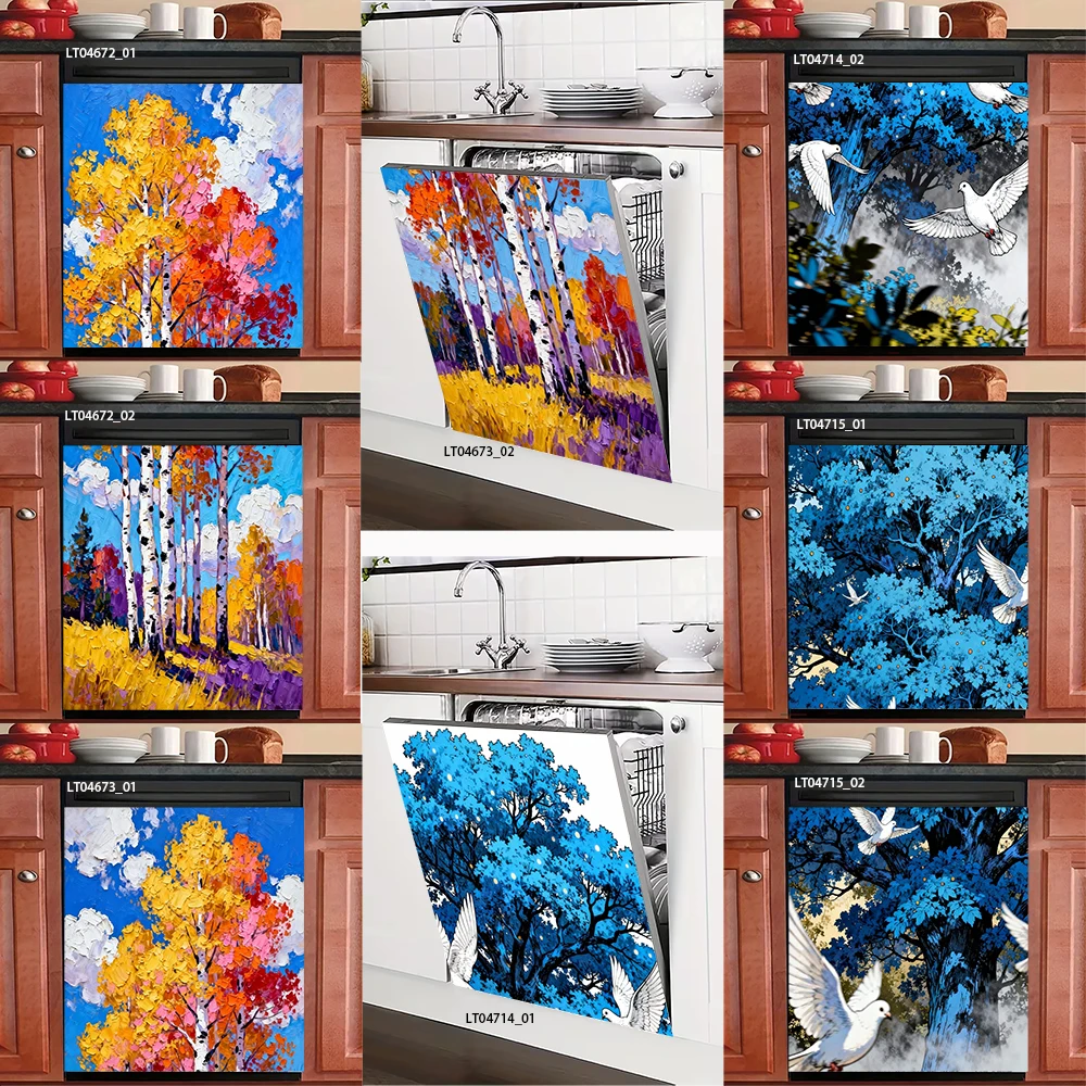 

Autumn Birch Tree Dishwasher Sticker, Oil Painting Forest & Dove Design, Waterproof Kitchen Art Decor