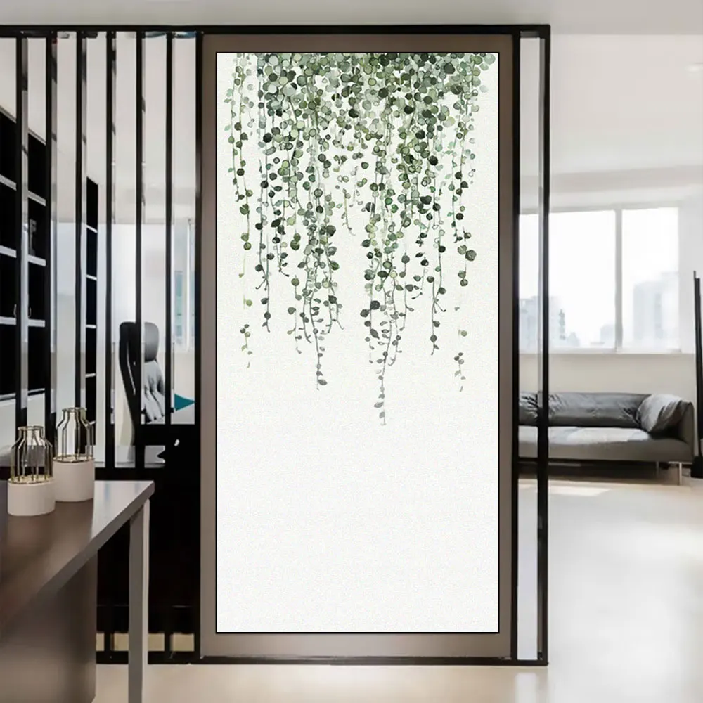 Static Cling Privacy Window Film Heat Control Anti UV Blocking Window Stickers Green Plants Pattern Frosted Glass Film