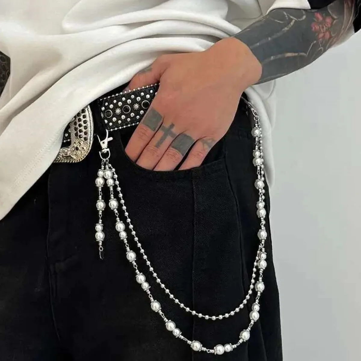 Salircon Punk multicapa perla de imitación encanto Jeans pantalones llavero hombres gótico cintura cadena cartera bolso cadena joyería masculina Grunge
