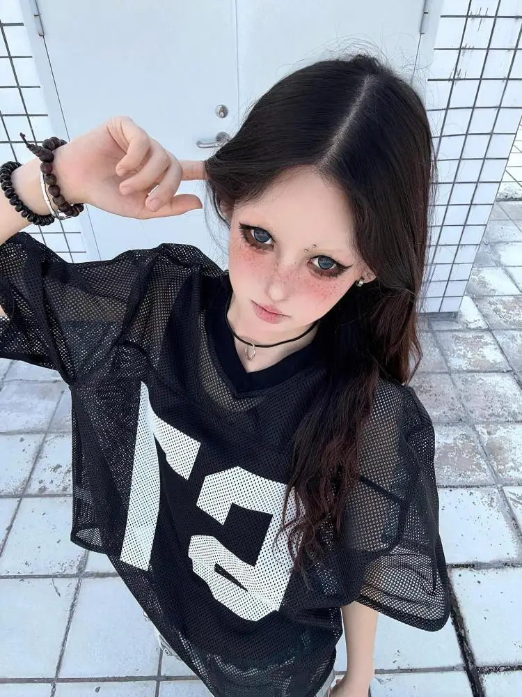 Seeslim Black Graphic T Shirts Short Sleeve Hollow Out 2000s Clothes Y2k Loose Women's T-shirt Summer Tops Goth Tees Gothic Chic