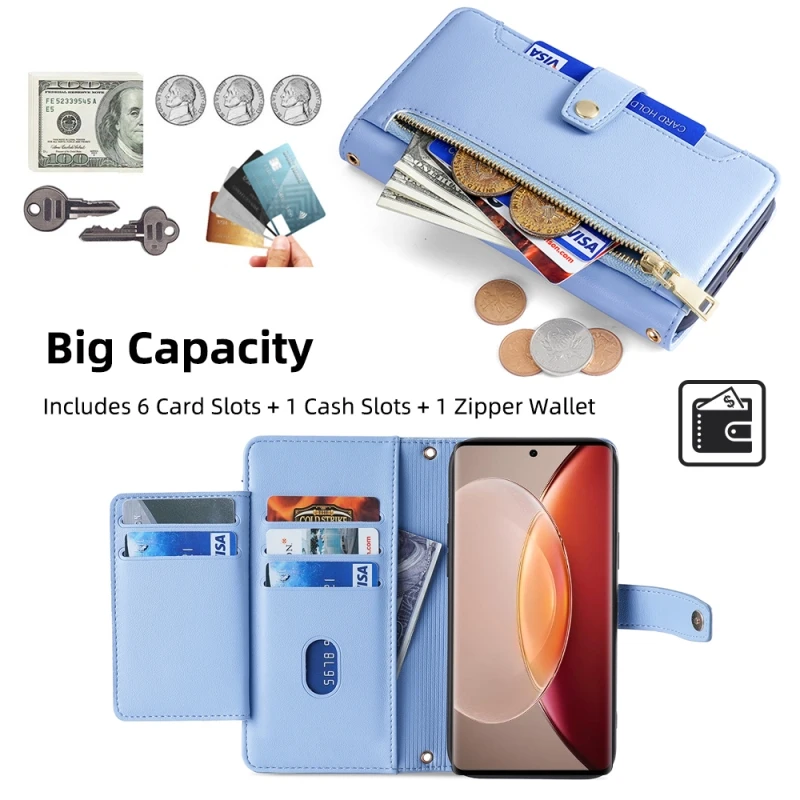 Zipper Wallet Multi Card Flip Cover For VIVO IQOO U3X T1 S10 X70 X60 V23e S10e V21 Y52 Y75 Y20 Removable Hand Strap Phone Case