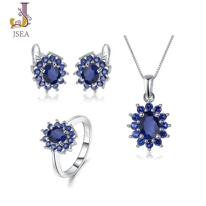 

925 Sterling Silver Classic Jewelry Set Diffusion Sapphire Ring Earring Necklace Set for Women