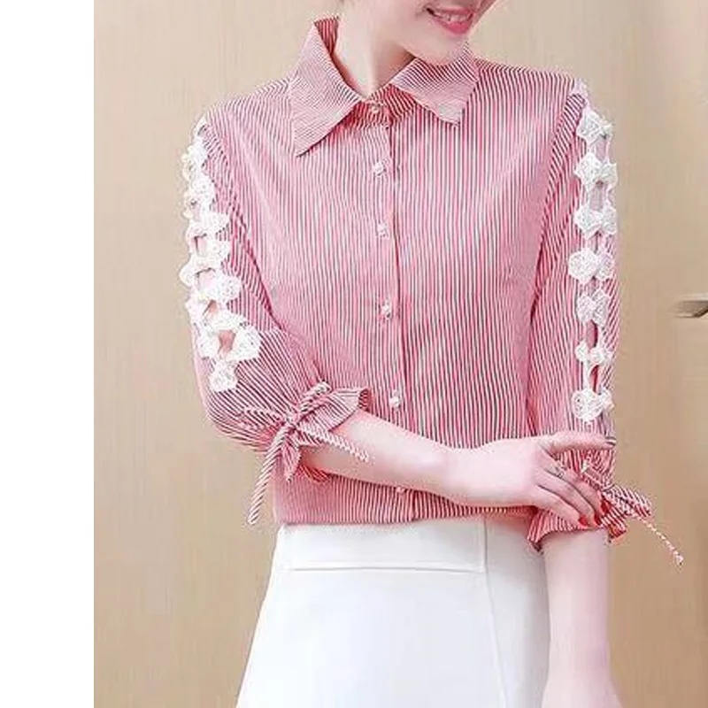 2023 New Summer Fashion Lace Beaded Hollow Lace Lace Lace Three Quarter Button Commuter Casual Stripe Versatile camicia da donna