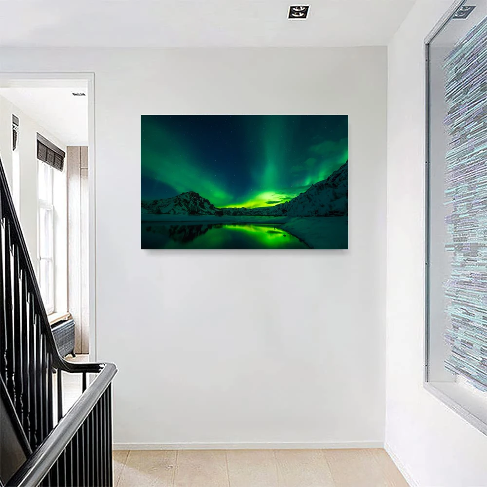 Green Aurora, Snowy Mountains, Mountain Mural, Wall Art, Canvas Print, Indoor Home Decor, Bedroom Mural, Office, Borderless.