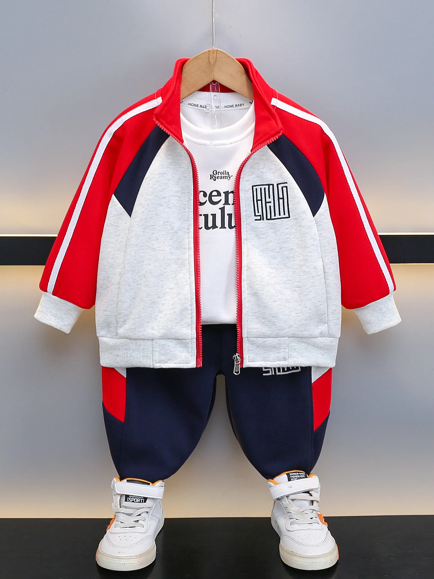 

Стильный вязаный спортивный комплект из двух предметов с длинными рукавами для мальчиков: модный повседневный наряд для детей среднего и младшего возраста на весну-осень