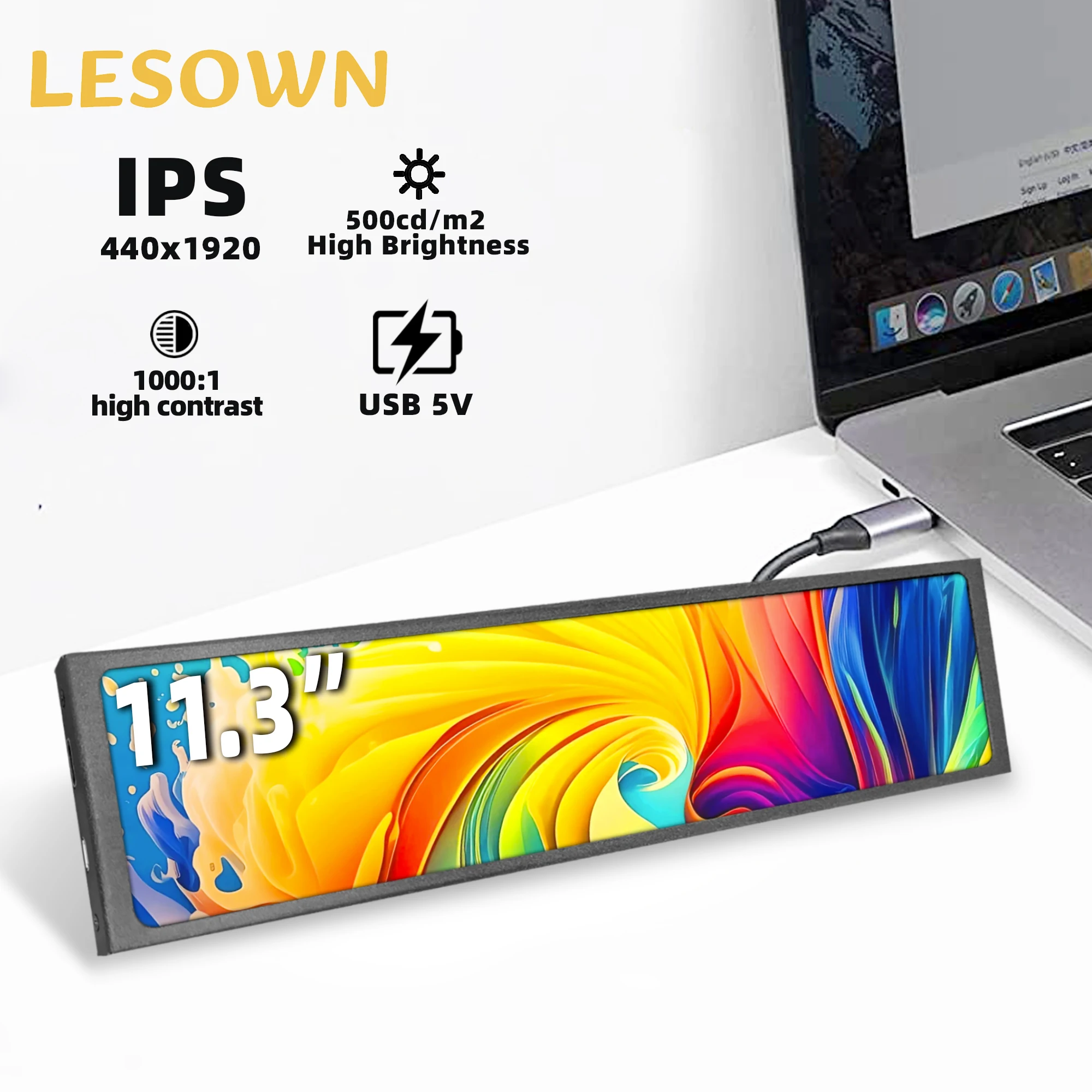 LESOWN White Aluminum SBC Display 11.3' 440x1920 MiniHDTV 500nit Portable Stretched Screen Monitor for RPi 4 Dev Kit